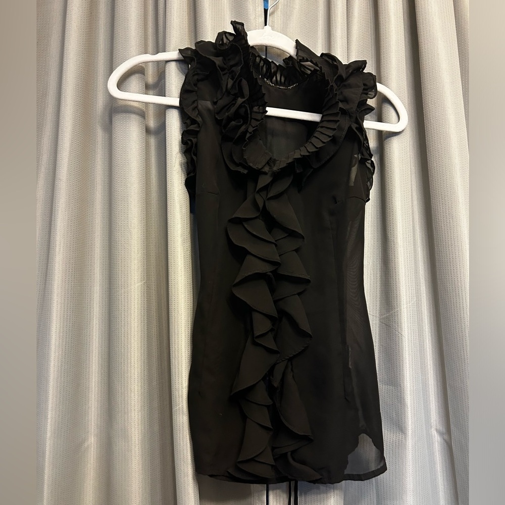 Ali & Kris black sheer ruffle front blouse no stretch runs small